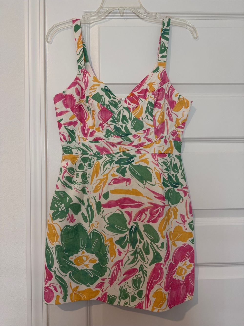 Floral Print Sleeveless Denim Dress in White, Pink & Green